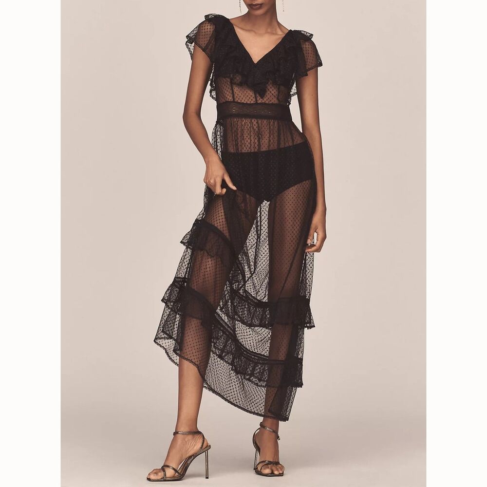 By Anthropologie Ruffle Sheer Mesh Maxi Dress Tiered Flutter Sleeves XL 291454